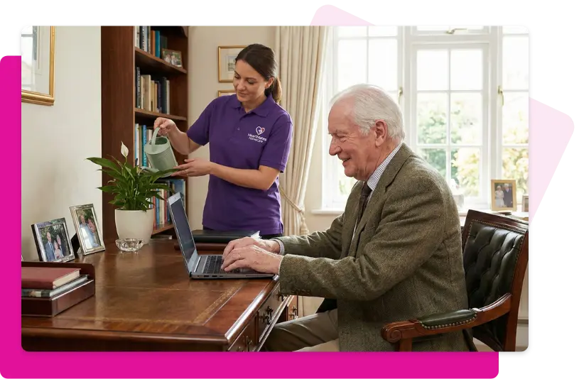 A HeartMates caregiver waters a plant while an older man works comfortably at his desk.