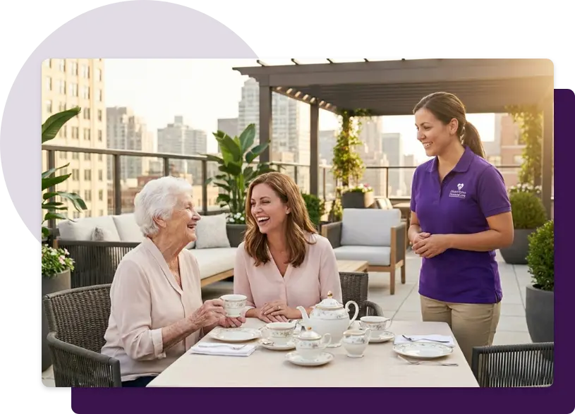 A HeartMates caregiver chatting and laughing with two women over afternoon tea on a sunny terrace.